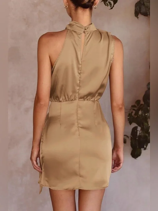 Pretty Garden NWT short formal satin dress sleeveless mock wrap size Med khaki - Picture 3 of 7